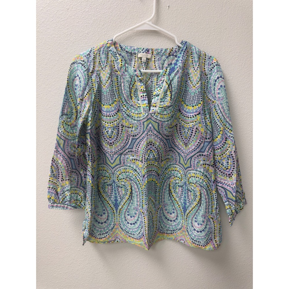 Talbots Paisley Top Womens MP Blue Multi Cotton 3/4 Sleeve Geometric Coasal Boho